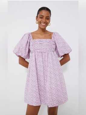Tuckernuck Hyacinth House Puff-Sleeve Square-Neck Mini Dress in Lilac Floral
